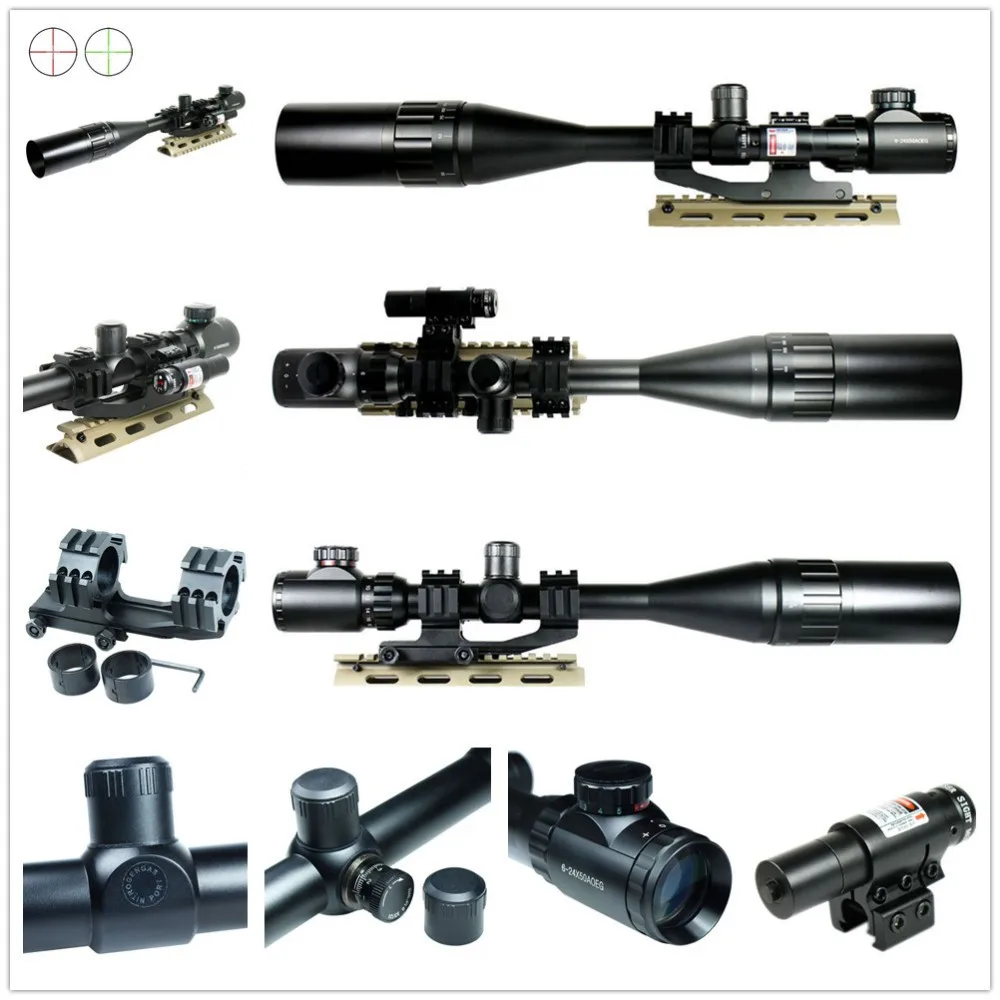 Hunting 6-24X50 Tactical Rifle Scope R/G Mil-dot w/ PEPR Mount + Sunshade + Laser Sight Combo Airsoft Weapon Sight Hunting