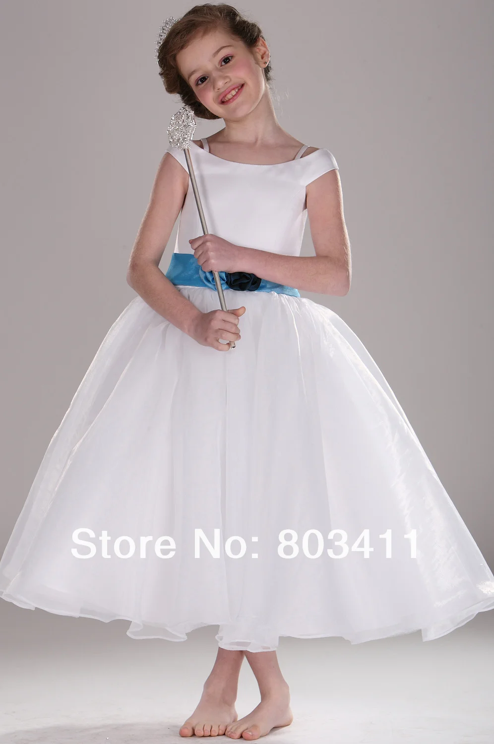 Бесплатная доставка Новое поступление милые Кепки рукавом Белый органзы с синим поясом платье с цветочным узором для девочек