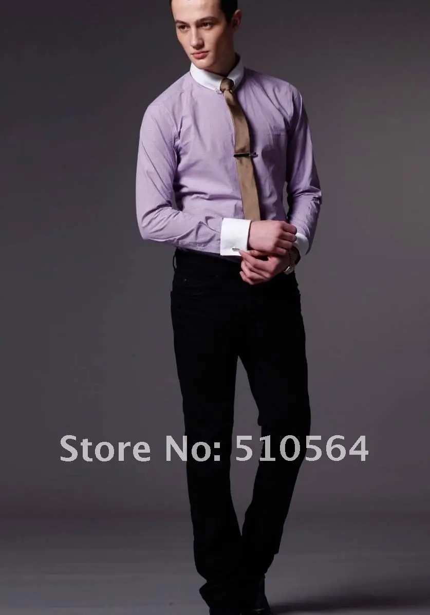 Хлопок Высокое качество Мужская рубашка белый воротник светло-фиолетовый в клетку Бизнес Повседневная рубашка