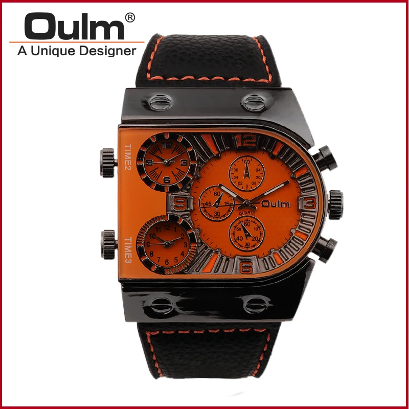 Vente HP9315 Noir Cas Hommes Montre Montre de Sport De Haute Qualité Marque Oulm Boucle Montres hommes Homme Montre Bracelet Multiple Fuseau horaire Analogique