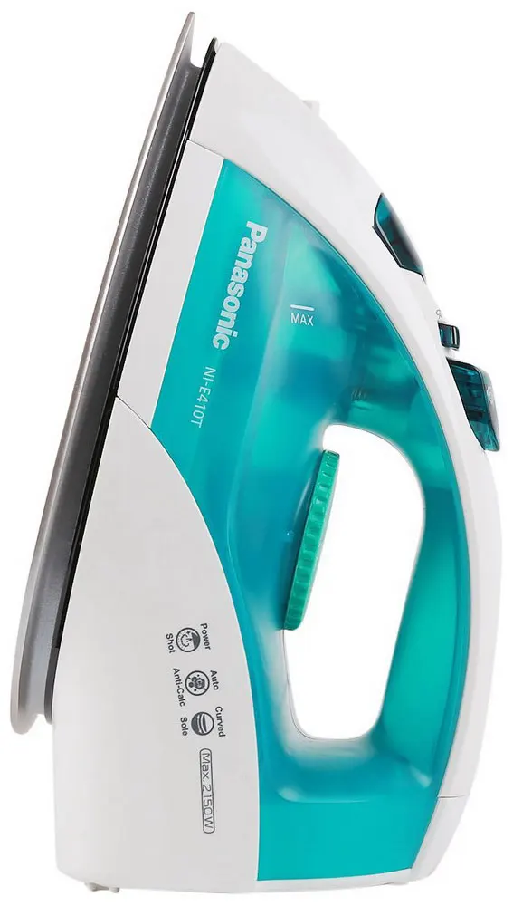 Panasonic NI-E410TMTW Утюг, 2150 Вт, Автоматическая система защиты от образования накипи, Каплевидная подошва с желобом для циркуляции пара, Очистка струей пара/самоочистка, Регулируемый поток пара