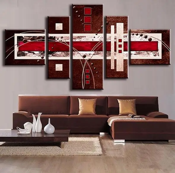 5 Pcs/Set Combined Modern Abstract Oil Painting Brown Red Cream Canvas