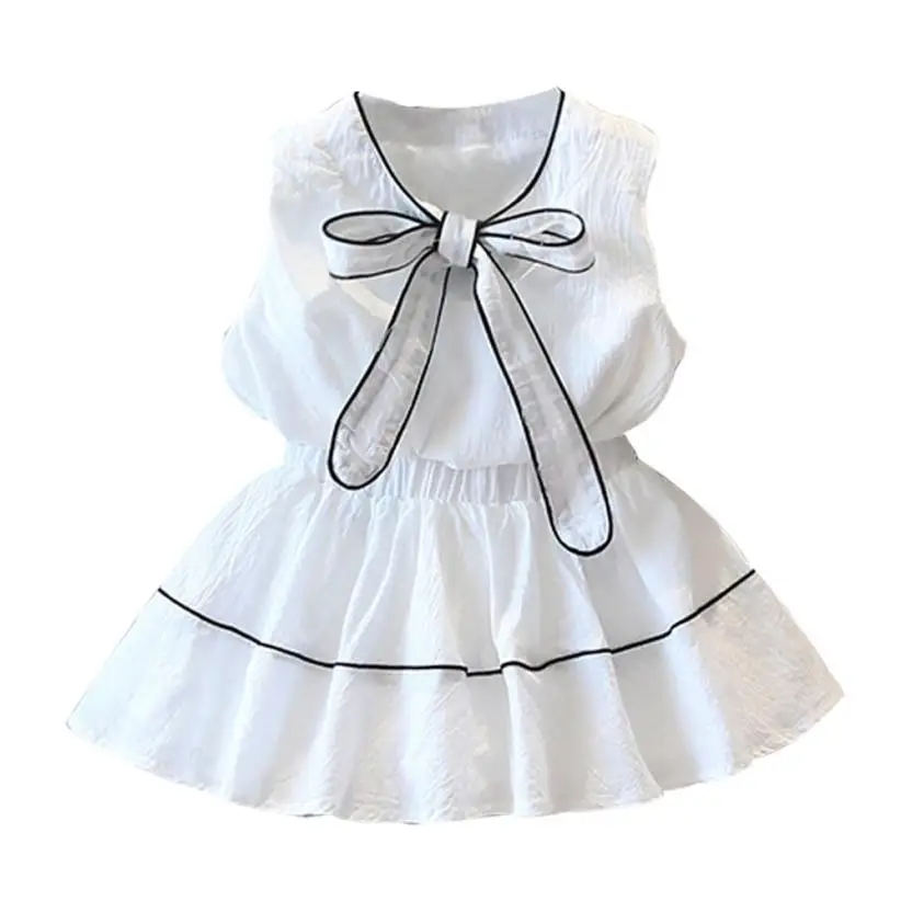 Для 3-7 лет новые детские милые девушки Conjunto infantil комплект одежды для девочек Детская футболка с бантом Топы+ короткая юбка платья наряды