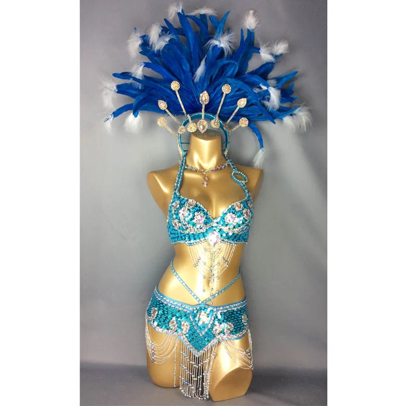 Сексуальный карнавальный костюм Самба Рио, Женский костюм для танца живота с бирюзовыми перьями, головной убор