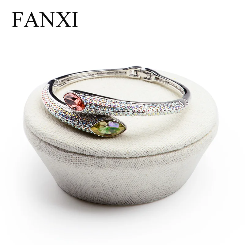 

FANXI new product Creamy White Jewelry Display Wrapped with Thin Linen Fabric for Bracelet/Finger Ring Display Bangle Organizer