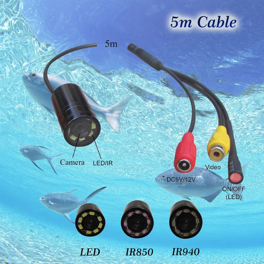 Free shipping 5m 4 24V 90 deg mini underwater fish finder fishing video