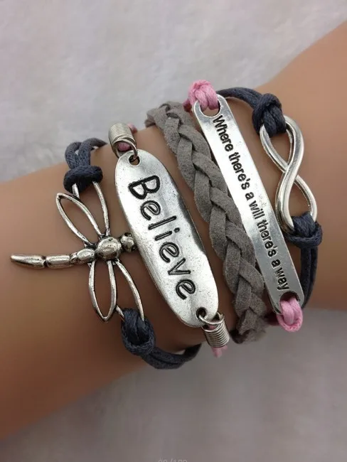 Where there is a will, there is a way, Infinity, believe & Dragonfly Charm Bracelet in Silver, Wax Cords, Leather Braid- Friendship gift 1708