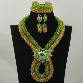 

Romantic Lemon Green Nigerian Wedding Beads Chunky Jewelry Set Gold Costume Women Necklace Earrings Set Free shipping WA896