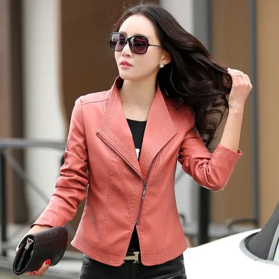 Pink Куртка из искусственной кожи весна осень женская одежда короткая тонкая повседневная искусственная овечка кожаные куртки Большие размеры пальто WUJ0076 - Цвет: Pink