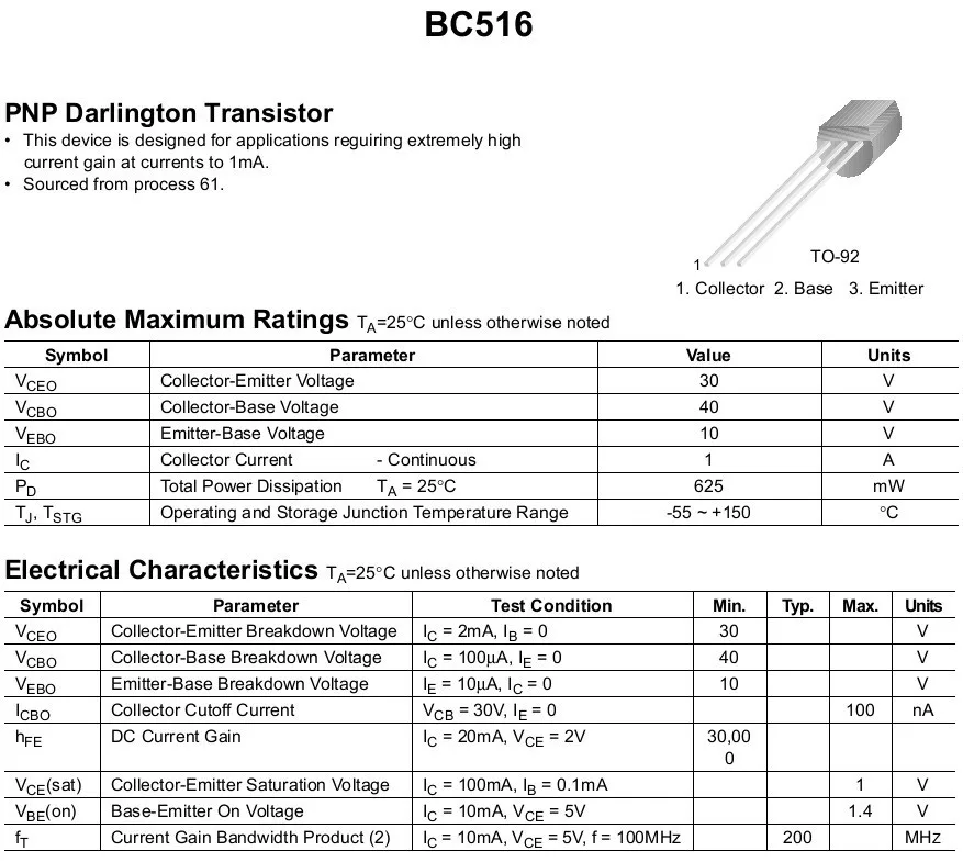 Купить 1000 шт. bc516 к-92 30 в 1А фнп дарлингтон-транзистор в интернет ...