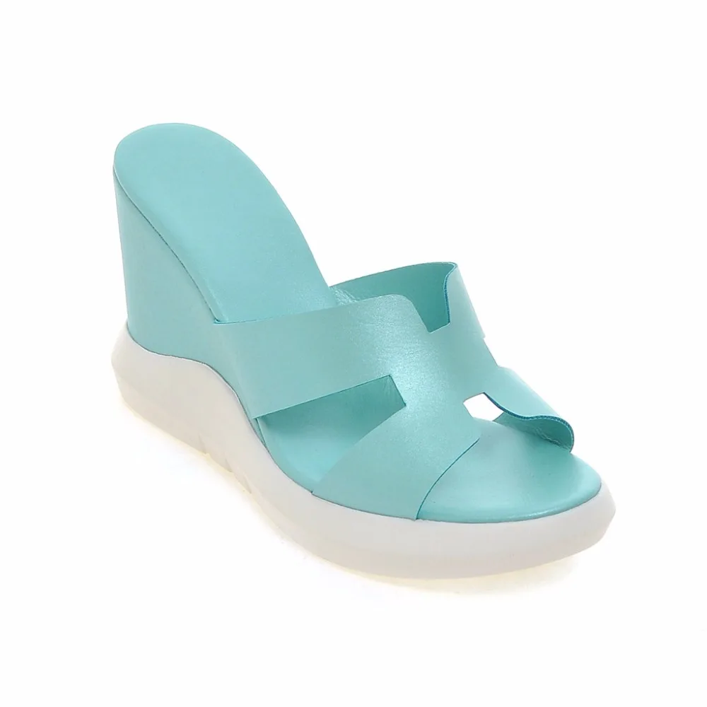 

2016 summer Concise women shoes slip-on Wedges platforms Solid color High heels Cut-Outs Open-toed sandals size 34-39 T1219