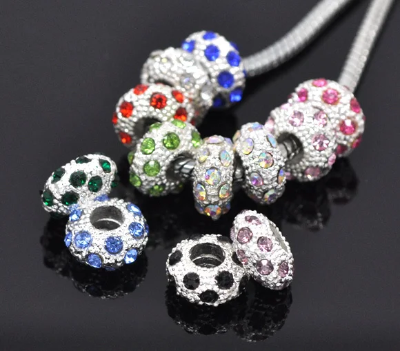 100 шт. случайный Смешанная Посеребренная прокладки Rhinestone Бусины. Подходит Европейский Браслеты с подвесками 11x6 мм