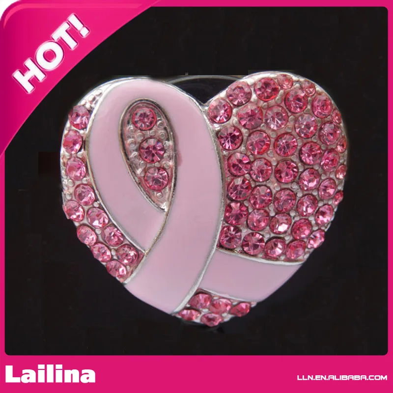 Форма сердца Rhineston Pink Ribbon Рак Молочной Железы Осведомленности кнопку
