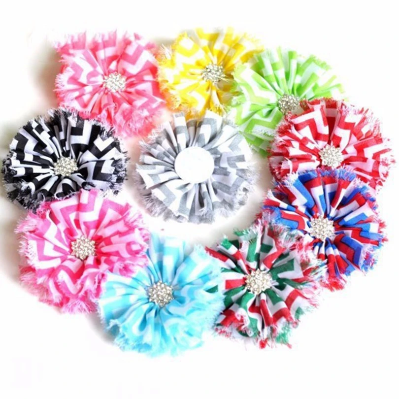 

10pcs/lot 10colors Hair Clips Ballerina Blossom Chiffon Flowers+Rhinestone Button Striped Leopard Fabric Flowers For Headbands