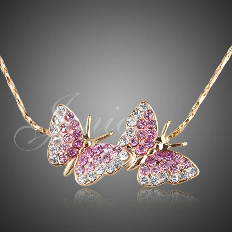 Jenia Yellow Gold Color Stellux Austrian Crystal Double Butterfly Pendant Chain Necklace for Lover XN076