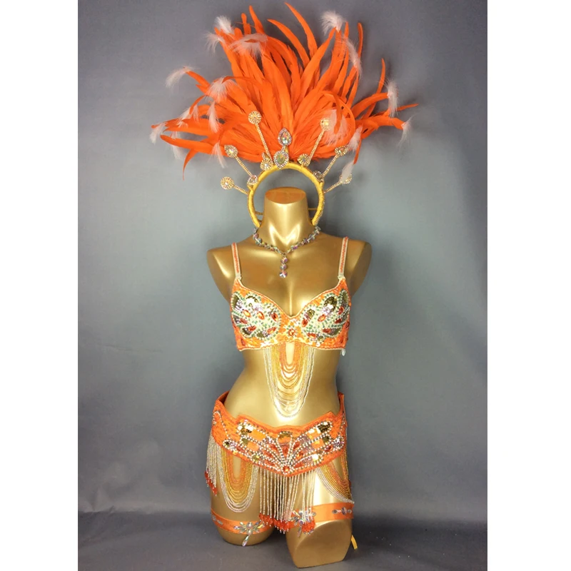 

free shipping hot selling Sexy Samba Rio Carnival Costume handmde new belly dance costume with Orange Feather Head piece