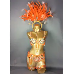 Бесплатная доставка Горячая распродажа! Сексуальная Samba Rio карнавальный костюм handmde Новый живота Танцевальный костюм с оранжевой перо