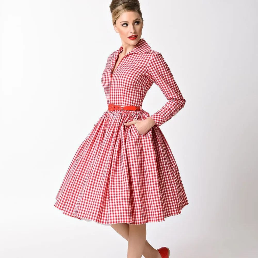 

summer women vintage 1950s red white gingham check long sleeve midi swing dress rockabilly pinup vestidos plus size 4xl dresses