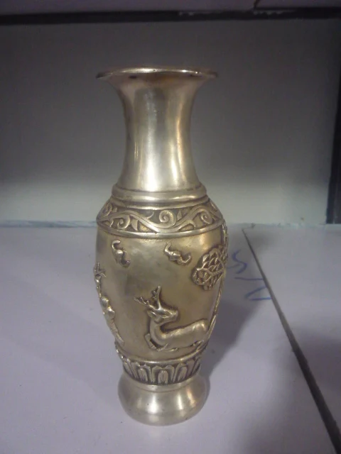 Редкий Старый QingDynasty Серебряная ваза, Кран и сосны, Лотос, Украшения, бесплатная доставка