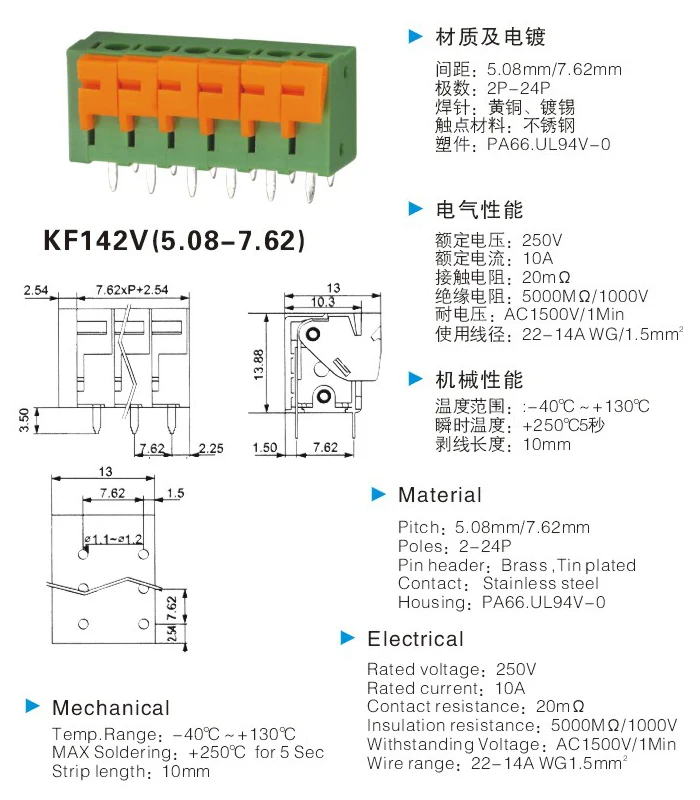 KF142V 4 P 5,08 мм клеммные колодки, шаг 5,08 мм