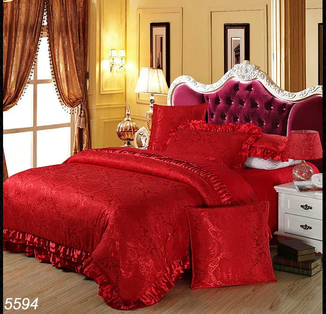 Wire red silk bedding sets plants jacquard bed linens satin silk quilt