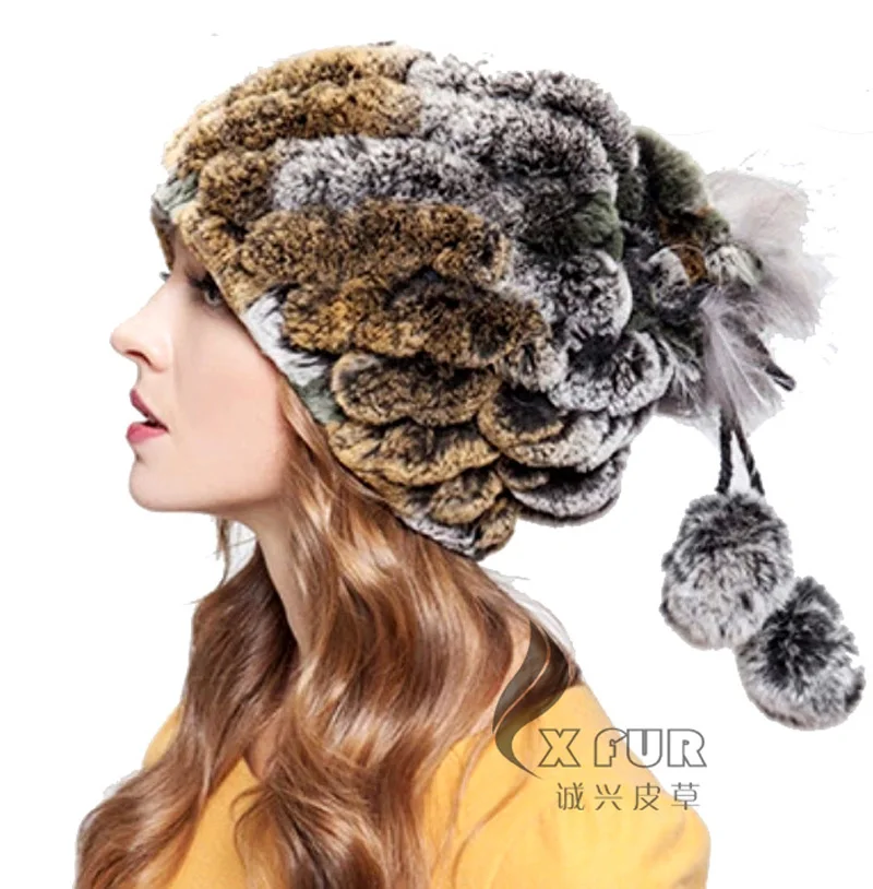 

Free Shipping CX-C-68E Girls Fashion Winter Hand Knitted Rex Rabbit Fur Winter Hats With Ball On Top