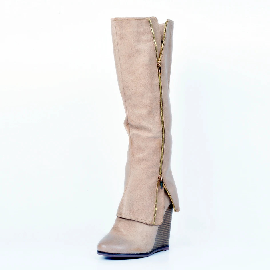 

Apricot Wedge Heels Platform Round Toe Women Boots Knee High Winter Boots For Women Large Size 34-45 Real Images Shoes Women