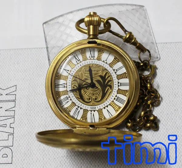 Personalised Half Hunter 100% Brass Crop Plated Skeleton Pocket Mechanical Watch freeship