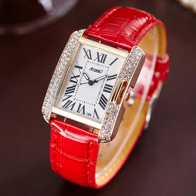 Attractive Women Diamond Rectangle Dial Smooth Gingham PU Leather Strap
