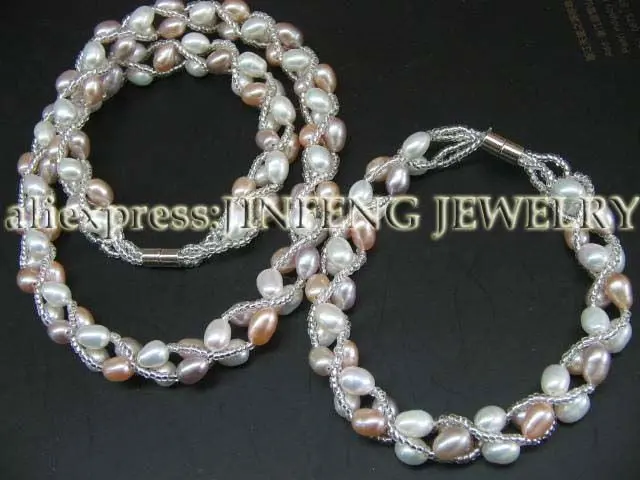 Sets Handcraft mixed rice fresh water pearl necklace & bracelets free shipping