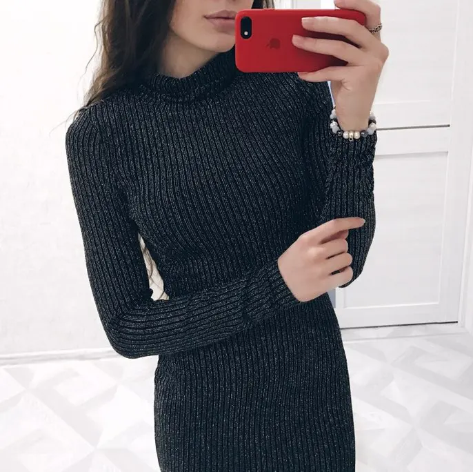 DIDK Winter Dresses Women Knee Length Sweater Dress Black Marled Knit Cowl Neck Long Sleeve Ribbed Pencil Dress