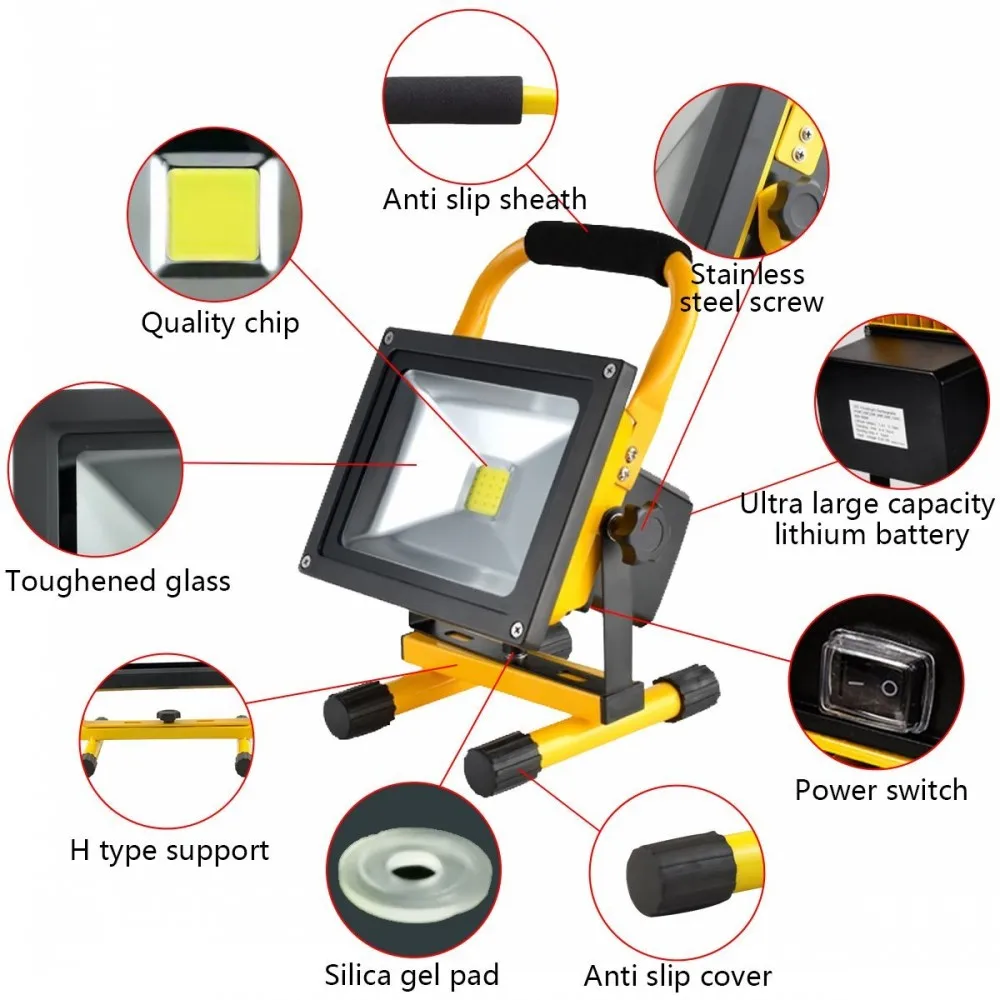 20W Floodlight Rechargeable LED Flood Light Lamp portable Outdoor Spotlight Camping Work Light with DC Car Charger