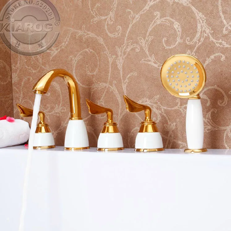 Три ручки и один душ головы Ванна золото Faucet. золото Ванна водопроводный кран. Ванная комната золото Ванна смеситель 5 комплектов GY-607S