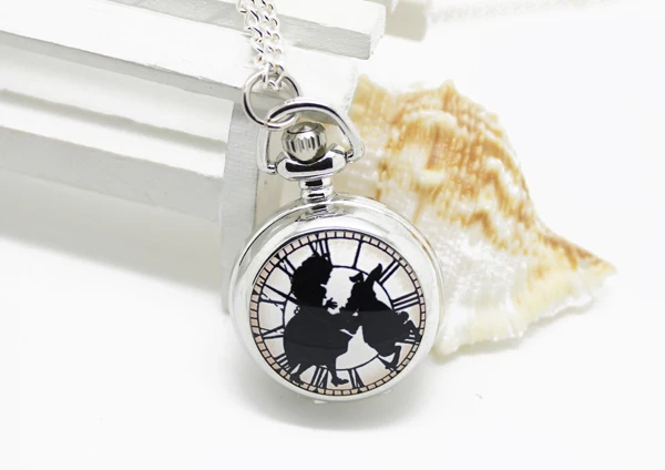 6001-6003) Серебро Алиса в стране чудес с кроликом кварцевые карманные часы ожерелье с зеркалом внутри