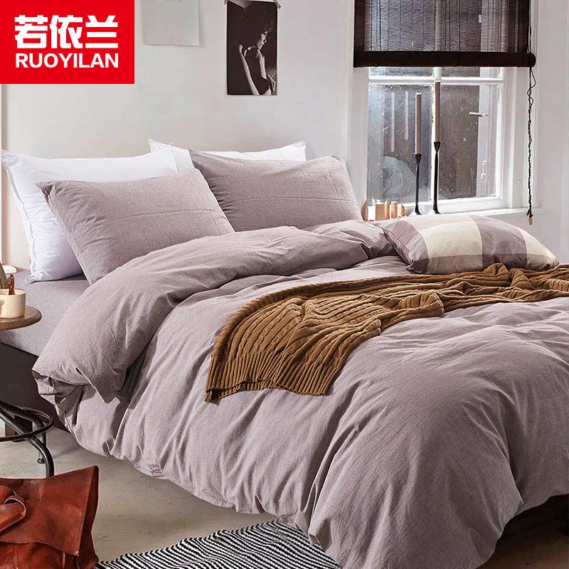 

100% Washed Cotton Four-piece Solid Color Bedding Set Duvet Cover Bed Sheet Pillow Case Home Bedding Solid Color Stripes Plaid