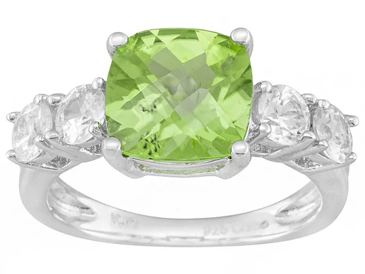 

2.15ct Square Cushion Checkerboard Cut Manchurian Peridot,.95ctw Round White Zirconia Silver Ring