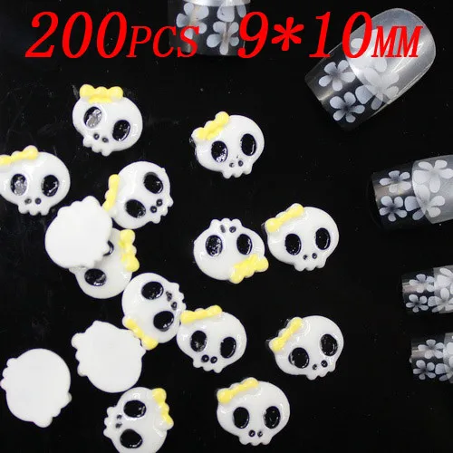 200 штук 10 мм х 9 мм Забавный Череп ногтевых салонов наклейки для ногтей маникюра 3d-украшения для ногтей множество цветов на выбор