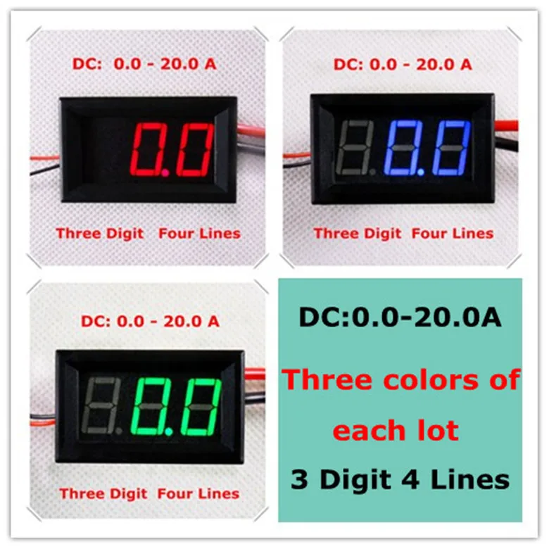 RD 3 цвета каждой партии 0,5" цифровой амперметр AMP DC0-20A четыре провода три цифры тока Панель метр led [3 шт./лот]