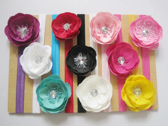 Hot Sale Solid Color Multilayer Fabric Chiffon Flowers With Crystal In Center& Shiny Thin Elastic Hair Band 20sets/lot