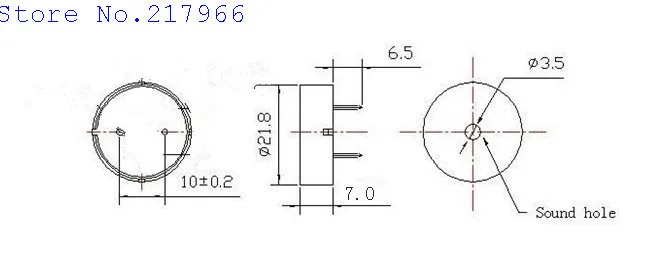 Пассивный пьезоэлектрический зуммер STD-2207 частота 4 кГц шаг P = 10 мм 2-30 в 22*7 мм