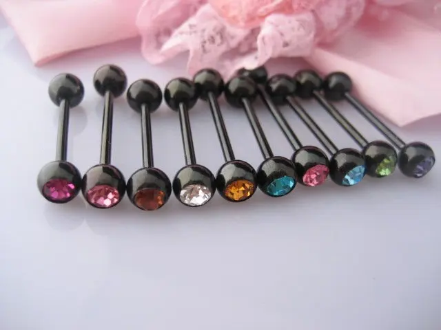 Новый LOT50pcs кристалл черный язык из нержавеющей стали кольцо для соска Бар 14g x 16 мм Украшения для тела