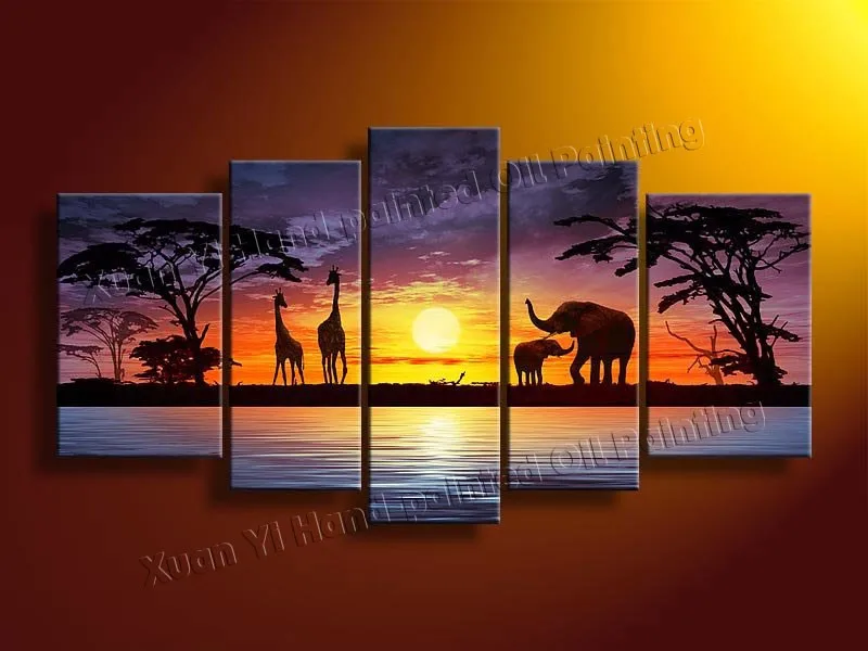 5 панелей ручная роспись стены Искусство Африканские слоны олень украшение дома современный пейзаж картина маслом на холсте