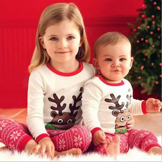 

2Piece/2-6Years/Christmas Outfit Baby Boys Girls Tracksuit Kids Pyjamas Cartoon Deer T-shirt+Pants Children Clothing Sets BC1005