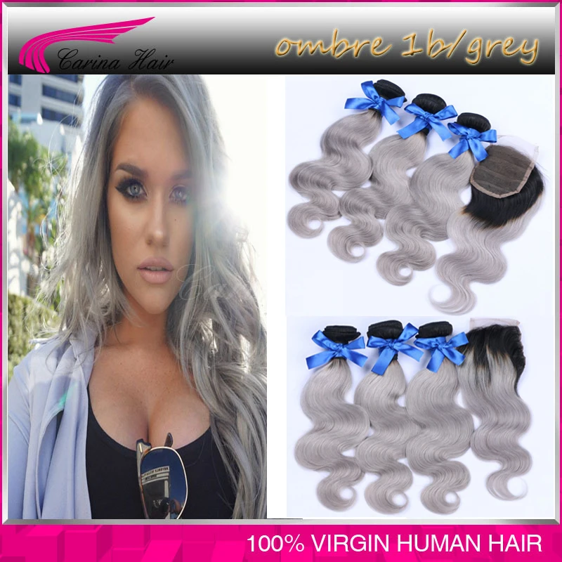 

Top Grade Ombre grey hair extensions 3 bundles with lace closure Brazilian Virgin Human Hair Color Two Tone Gray ombre Hair