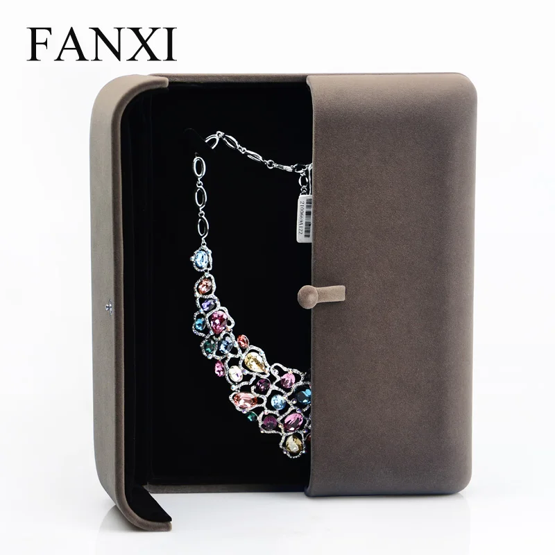 

FANXI Gray Color Large Size Plush Necklace Jewelry Box Button Case for Wedding Necklace Jewelry Packaging Box Holder Gift Box