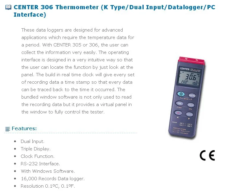 Термометр центра-306(Тип K/двойной вход/Datalogger/PC