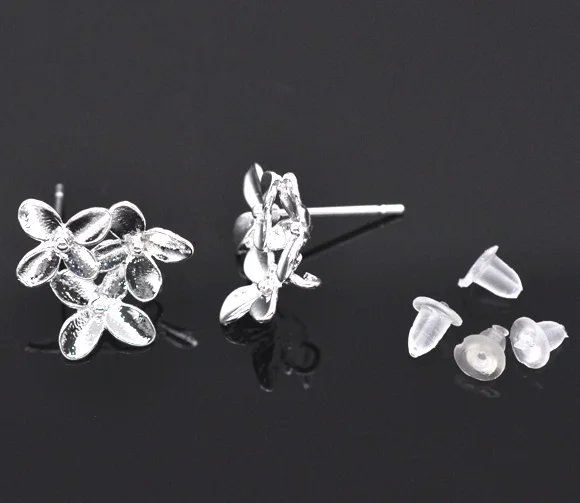 

2015 NEW 5 Pairs SP Flower Earring Post W/Stoppers&Loop 15x14mm