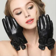 Кожаные перчатки женские зимние из овчины милые с большим бантом плюс бархатные теплые перчатки для сенсорного экрана Короткие