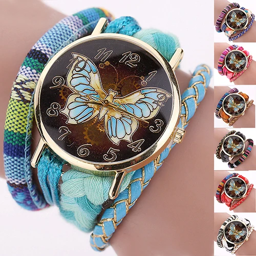 Для женщин Этническая Стиль Бабочка Multi Слои Плетеный ladied Кварц Браслет наручные