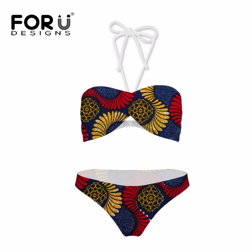 

FORUDESIGNS Bikinis Women's African Print Bath Swimwear Female Departure Beach Bandeau Biquini Bikini Set Swimsuit Bathing Suit